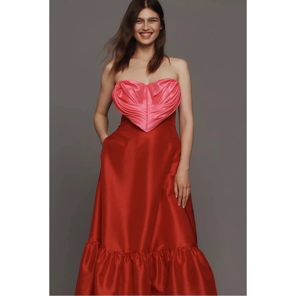 Anthropologie Hutch Strapless Heart Bodice Red Pink Satin Maxi Dress 6 NWT - Picture 8 of 10